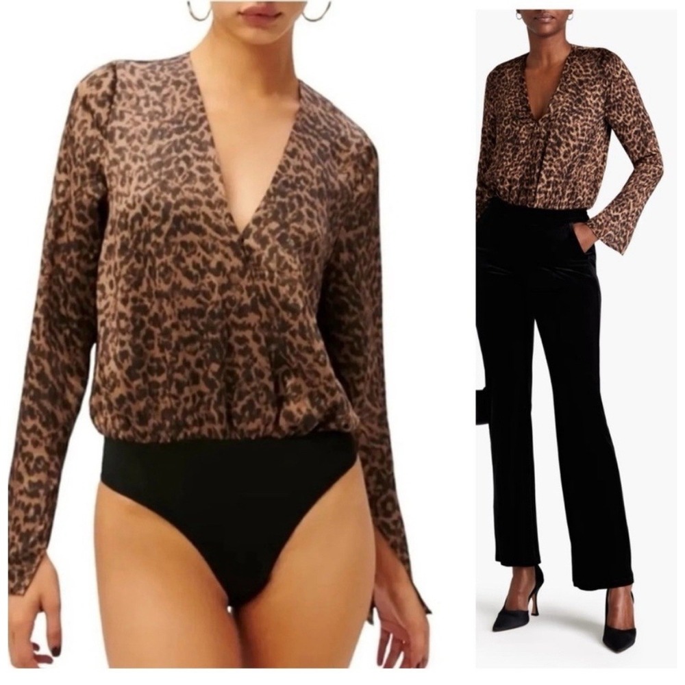 NWT Good American Sz 3 Large‎ Satin wrap Blouse bodysuit long sleeve leopard New